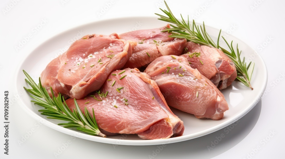 Raw pork chops with rosemary and salt on a white plate Raw pork chops with rosemary and salt on a white plate