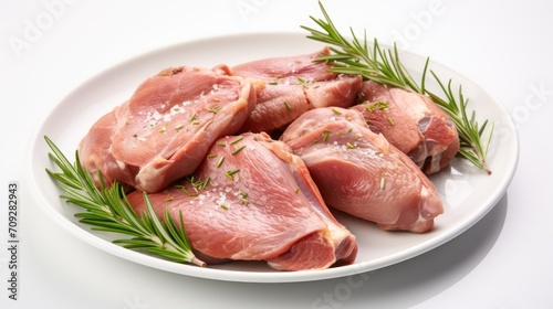 Raw pork chops with rosemary and salt on a white plate