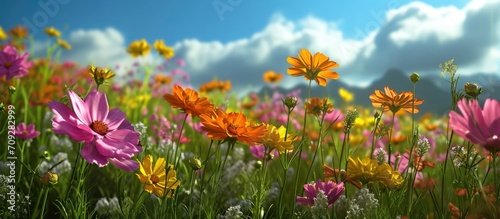 The vibrant flowers are blooming in a beautiful  green setting with an open sky and sun.