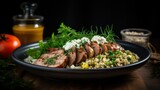 Salad with bulgur and meat on a dark background
