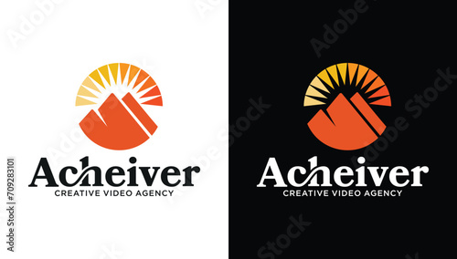 mountain sunrise logo. Mountain and sun view logo concept, adventure logo template vector icon, brand identity, climbing.