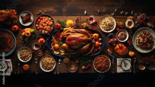 Roasted turkey and other dishes, top view