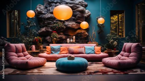 Tranquil Zen-Inspired Meditation Space with Autumnal Views, Minimalist Decor, and Natural Light - Home Serenity Design - AI Generated