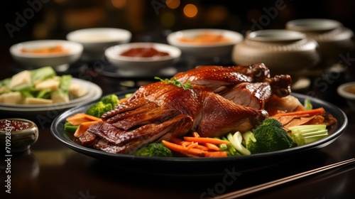Roast duck with vegetables and sauce on a black plate in a restaurant photo