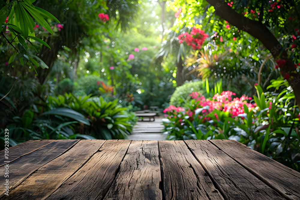 Wooden Tabletop Foreground, Background of Blurry Botanical Garden