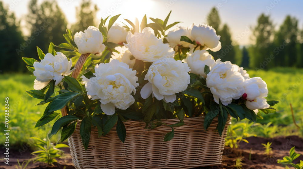 Wooden basket with hyper realistic beautiful king size white blossoming peony flowers in the hands of a farmer created with Generative Ai
