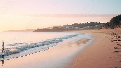 The first light of dawn casting a soft glow over a peaceful beach  with gentle waves caressing the shore.