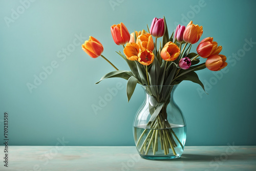 vase with tulips flowers blue backgrounds