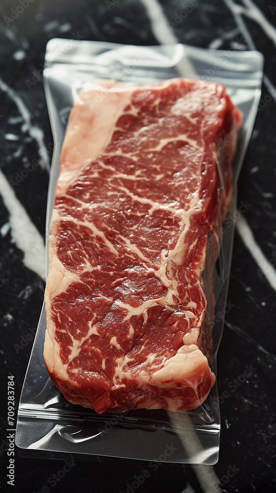 Vacuum-Sealed Premium Ribeye Steak on Marble Background