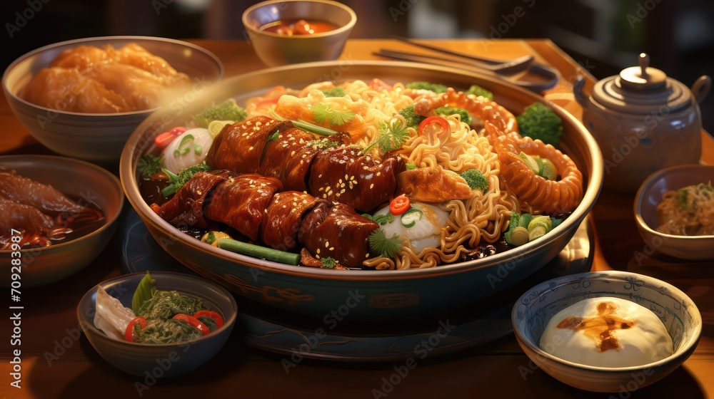 Chinese noodle with pork and vegetables in a bowl on a table Chinese noodle with pork and vegetables in a bowl on a table