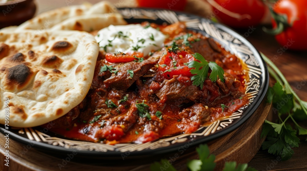 Turkish iskender kebab meat on kitchen background. Traditional flavors. Doner kebab made from beef and lamb. close up Turkish iskender kebab meat on kitchen background. Traditional flavors. Doner kebab made from beef and lamb. close up