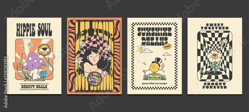groovy hippie 70s posters, retro wall art print design, vector illustration