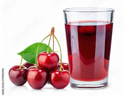 Cherry juice in a glass and bunch of cherry fruits