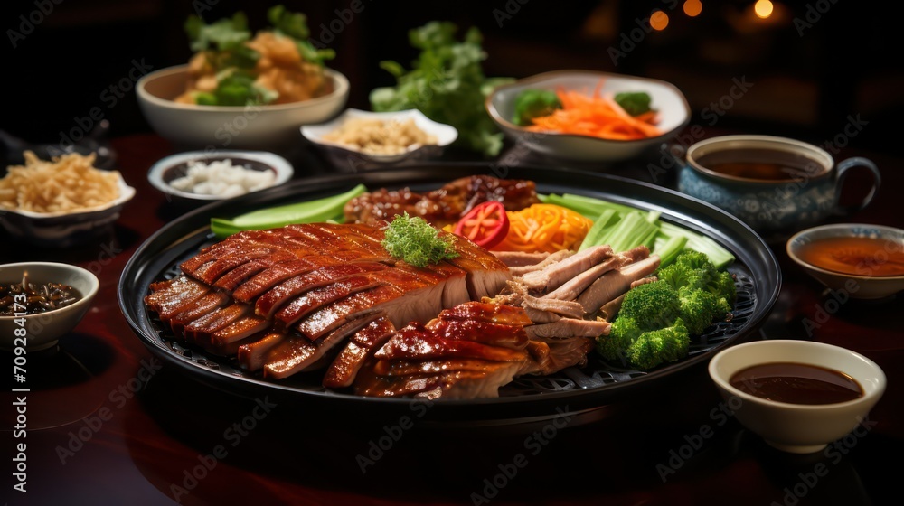 Grilled duck with soy sauce and vegetables on black plate in restaurant