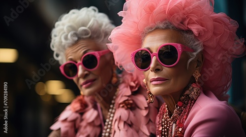 Two older women fashion dressed in pink and wearing sunglasses. In the style of vibrant and textured