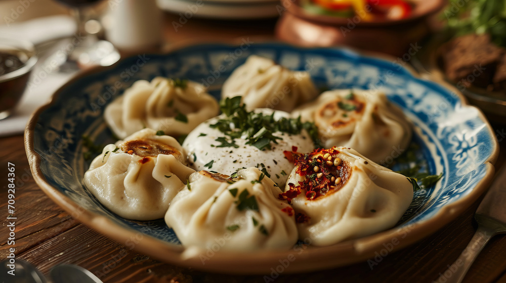 Turkish traditional food ravioli with yoghurt and tomato sauce in plate, manti Turkish traditional food ravioli with yoghurt and tomato sauce in plate, manti