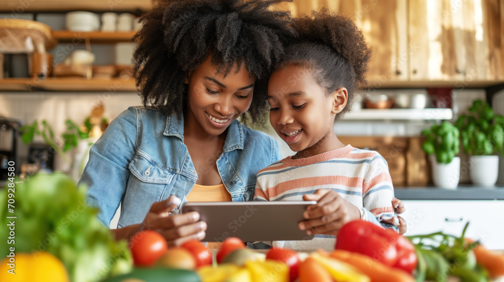 Happy mother with his cute daughter using smart pad for cooking, modern kitchen background Happy mother with his cute daughter using smart pad for cooking, modern kitchen background