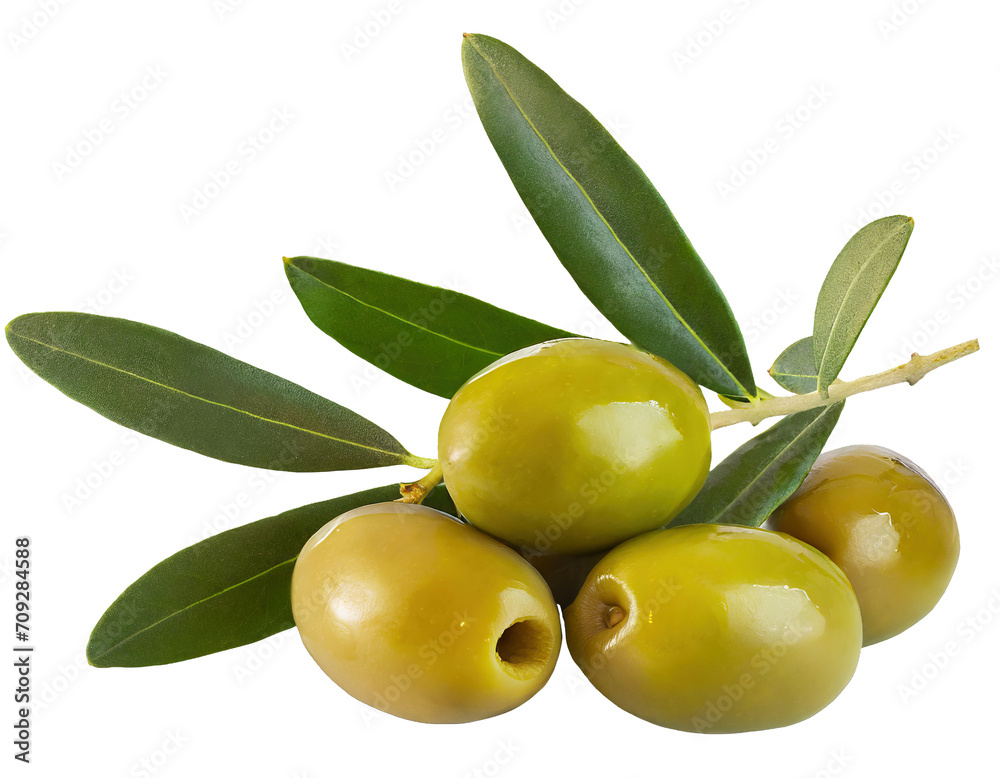 green olives with olive leaves - isolated