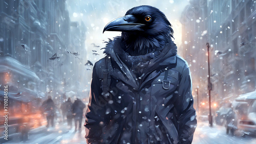 Rabe in schwarzem Wintermantel geht in der verschneiten Stadt spazieren.