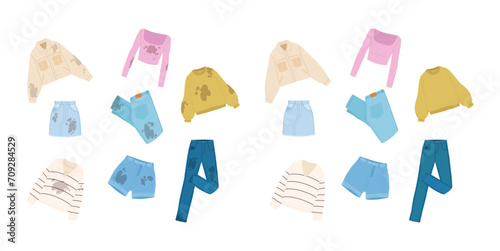 Dirty and clean clothes. Fashion outfits with blobs and dirt stains. Isolated wear before and after laundry, various apparel snugly vector set