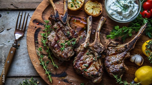 Paidakia, Marinated Greek Lamb Chops with Garlic and Lime on wooden plate.