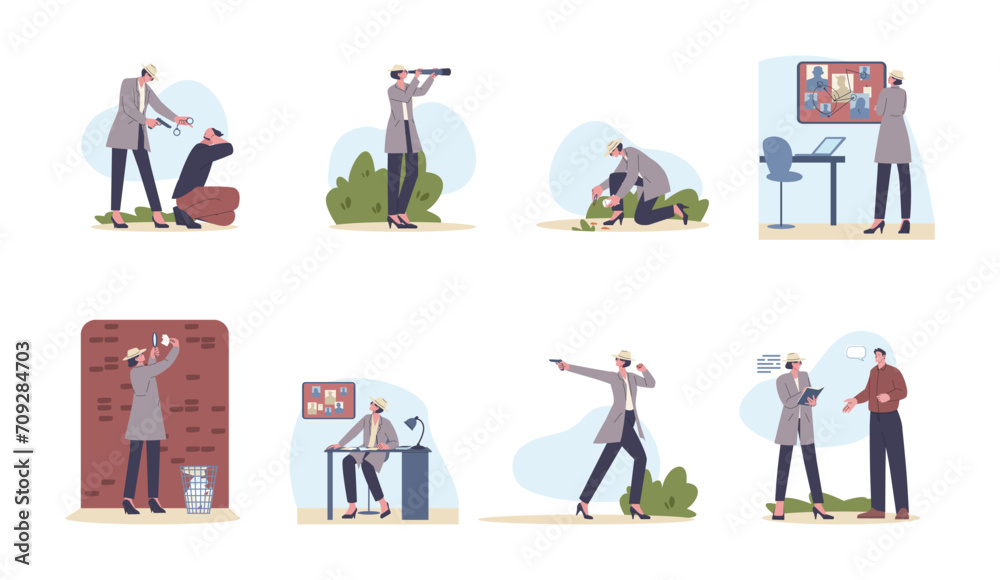 Cartoon female detective scenes. Brave woman agent in coat with gun, looking evidence and interrogates witnesses. Police investigation kicky vector set Cartoon female detective scenes. Brave woman agent in coat with gun, looking evidence and interrogates witnesses. Police investigation kicky vector set