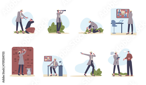 Cartoon female detective scenes. Brave woman agent in coat with gun, looking evidence and interrogates witnesses. Police investigation kicky vector set