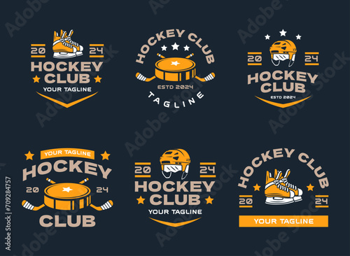 Hockey logo bundles, emblem collections, designs templates. Set of hockey logos vector
