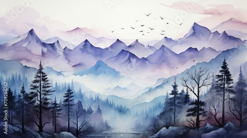 Watercolor deer with winter pine tree forest illustration background