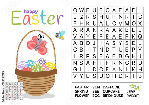 Word search game puzzle for kids. Easter theme. English words. Cartoon, vector