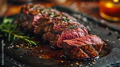 Grilled top Picanha Sirloin Cap or cup rump beef meat steak on wooden board. Dark background. Side view photo