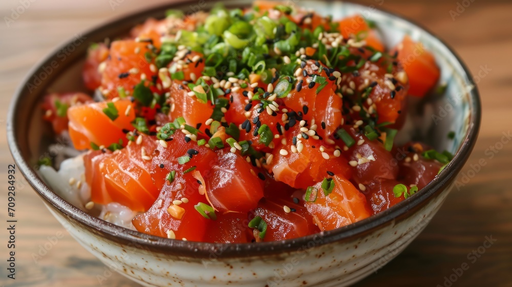 Poke salmon., traditional Hawaiian food Poke salmon., traditional Hawaiian food