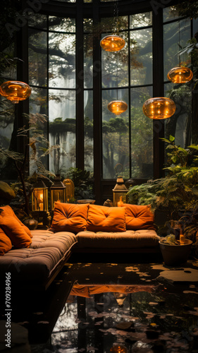 Bohemian Rustic Retreat: Tranquil Indoor Space with Plush Cushions and Lush Greenery in Sunlit Room - Ideal for Interior Design and Home Comfort Marketing - AI Generated