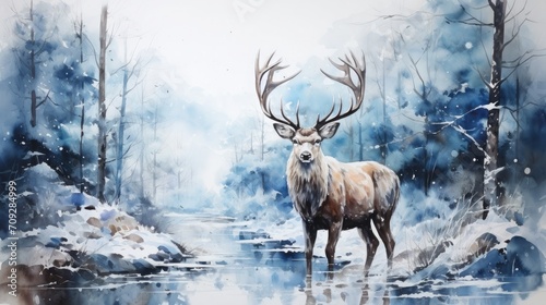 Watercolor deer with winter pine tree forest illustration background © pixeness