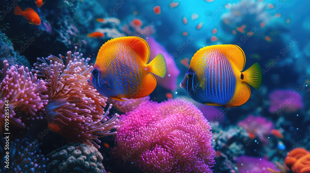 Naklejka premium Two vividly colored fish near sea anemones.