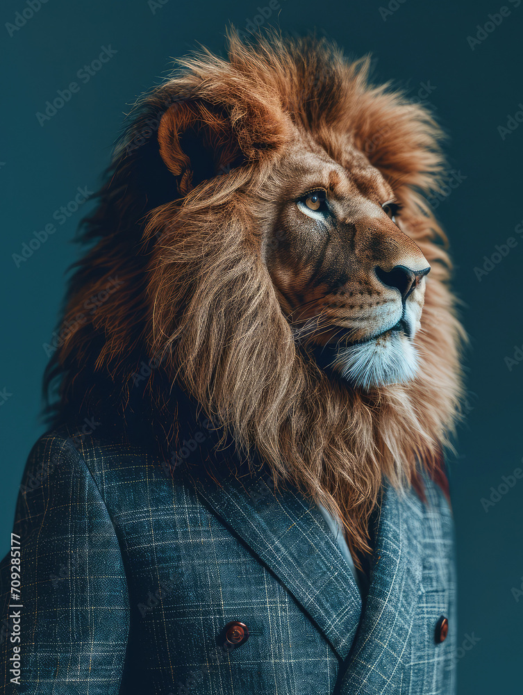Lion in a suit, anthropomorphic concept.