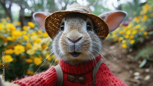 A cute mouse dressed in a sweater and hat.