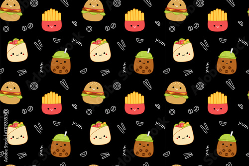 Fast food on black seamless pattern. Squishmallow. Cute fast food. Kawaii, Vector
