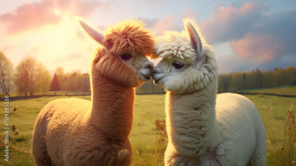 Hyper realistic two super cute alpacas in love, kissing, green field background created with Generative Ai Hyper realistic two super cute alpacas in love, kissing, green field background created with Generative Ai