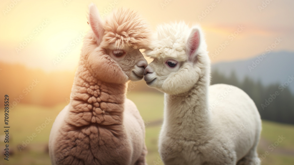 Hyper realistic two super cute alpacas in love, kissing, green field background created with Generative Ai