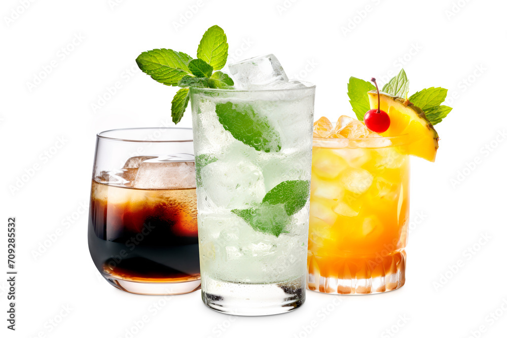Set and collection of classic alcohol cocktails or mocktail isolated on white background with fresh summer fruits Set and collection of classic alcohol cocktails or mocktail isolated on white background with fresh summer fruits