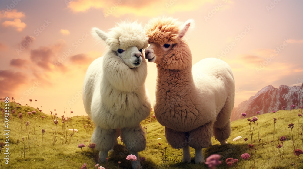 Hyper realistic two super cute alpacas in love, kissing, green field background created with Generative Ai