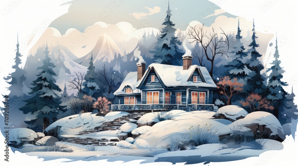 Watercolor winter house with pine tree forest illustration background