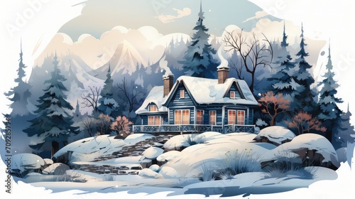 Watercolor winter house with pine tree forest illustration background