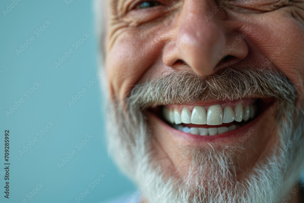 Fototapeta premium Elderly man with white teeth smiling on pastel blue background. Close up portrait of happy emotional bearded man