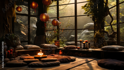 Tranquil Zen-Inspired Meditation Space with Autumnal Views, Minimalist Decor, and Natural Light - Home Serenity Design - AI Generated
