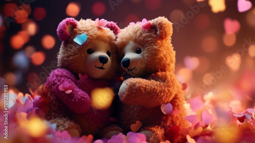 Hyper realistic two super cute teddy bears hugging, papercut hearts, confetti created with Generative Ai © Andrii Yablonskyi