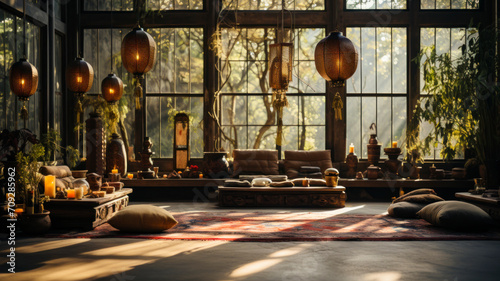 Tranquil Zen-Inspired Meditation Space with Autumnal Views, Minimalist Decor, and Natural Light - Home Serenity Design - AI Generated