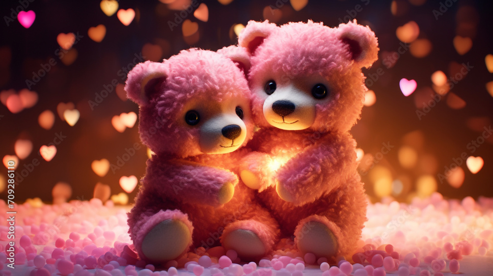 Hyper realistic two super cute teddy bears hugging, papercut hearts, confetti created with Generative Ai Hyper realistic two super cute teddy bears hugging, papercut hearts, confetti created with Generative Ai