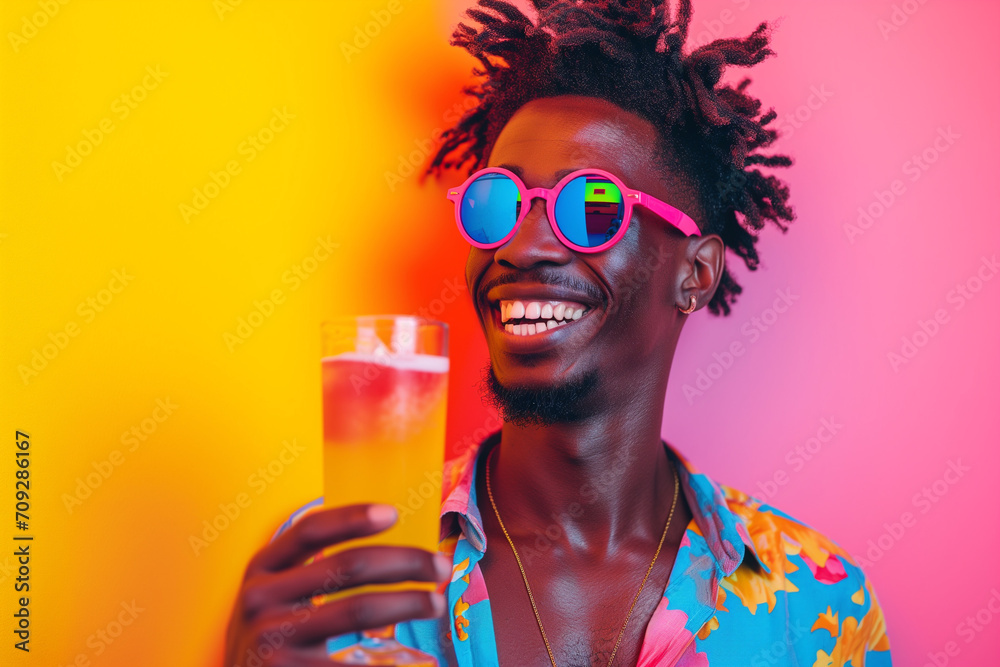 Young black man relaxing on the beach a cocktail in a glass. Handsome man happily drinking juice, smiling on a yellow background Young black man relaxing on the beach a cocktail in a glass. Handsome man happily drinking juice, smiling on a yellow background